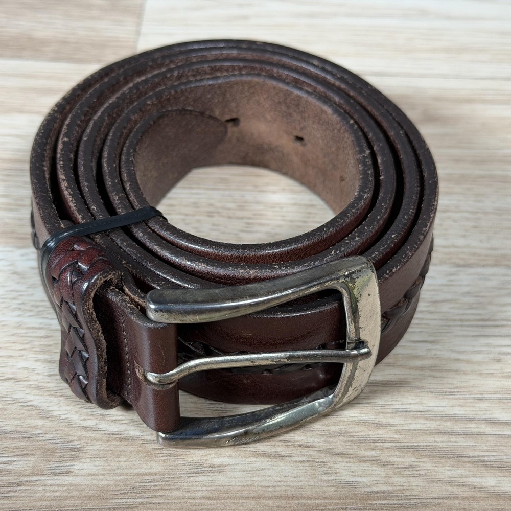 Mezlan Leather Belt Mens 42 Brown Braided Inlay Silver-Tone Buckle Made in Spain